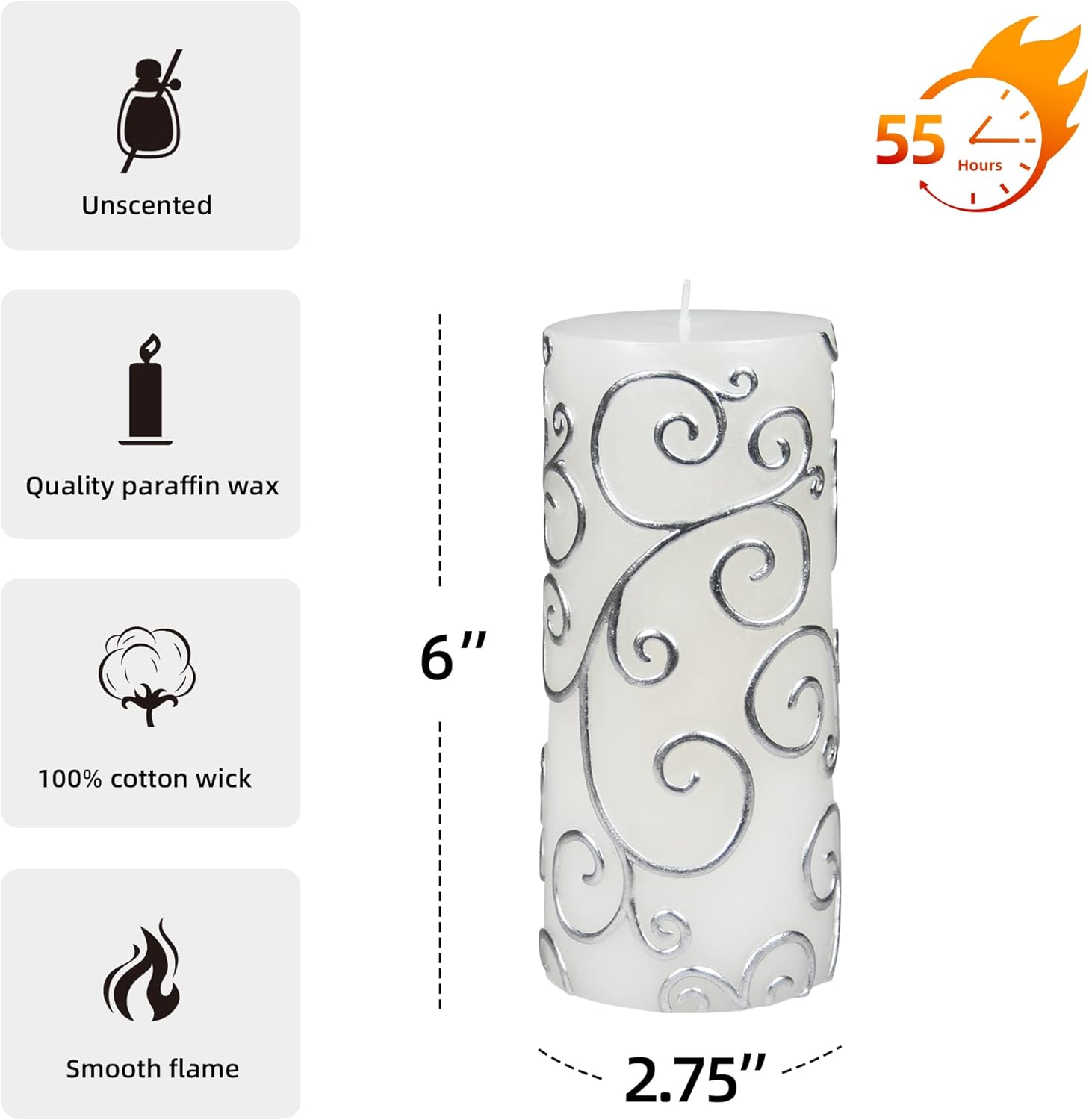 Zest Candle 6 Inch White Scroll Pillar Candle
