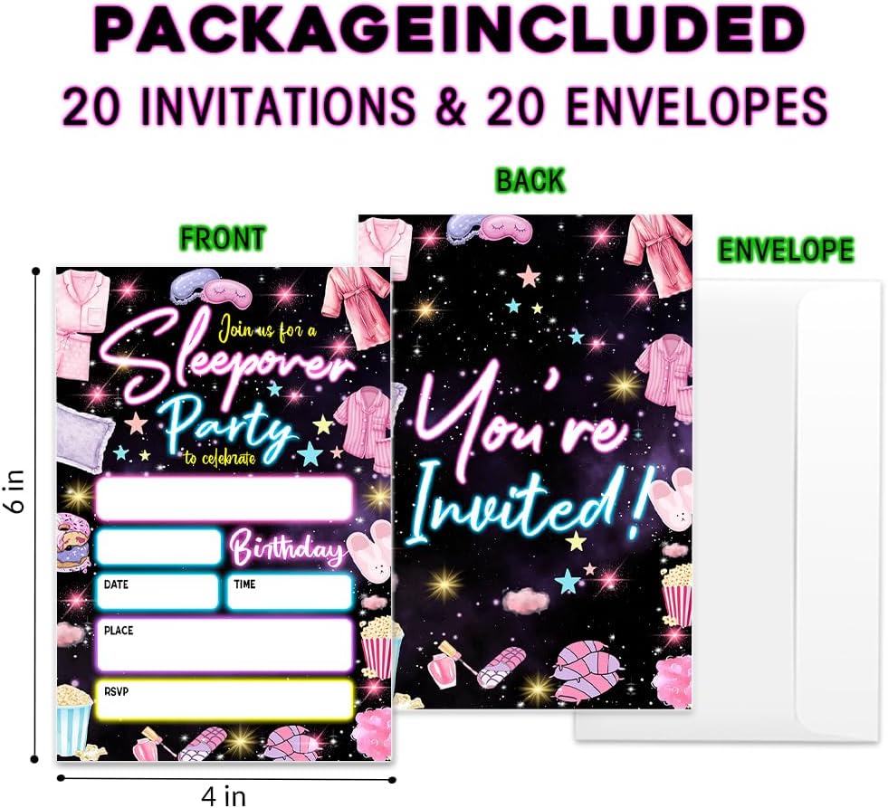 Neon Themed Sleepover Party Invitations with Envelopes