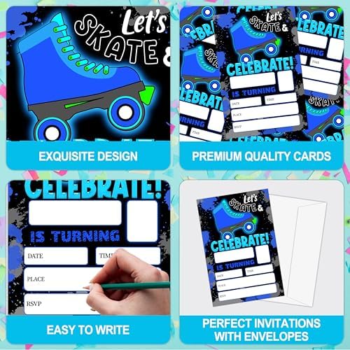 ONDTON Blue Roller Skating Birthday Invitations With Envelopes 20 Pack