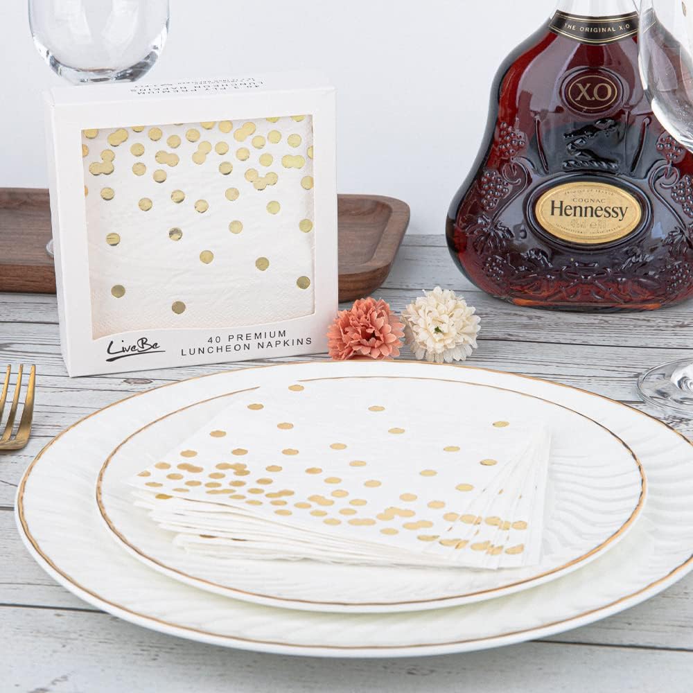 40 Pack White Paper Cocktail Napkins with Gold Foil Polka Dots