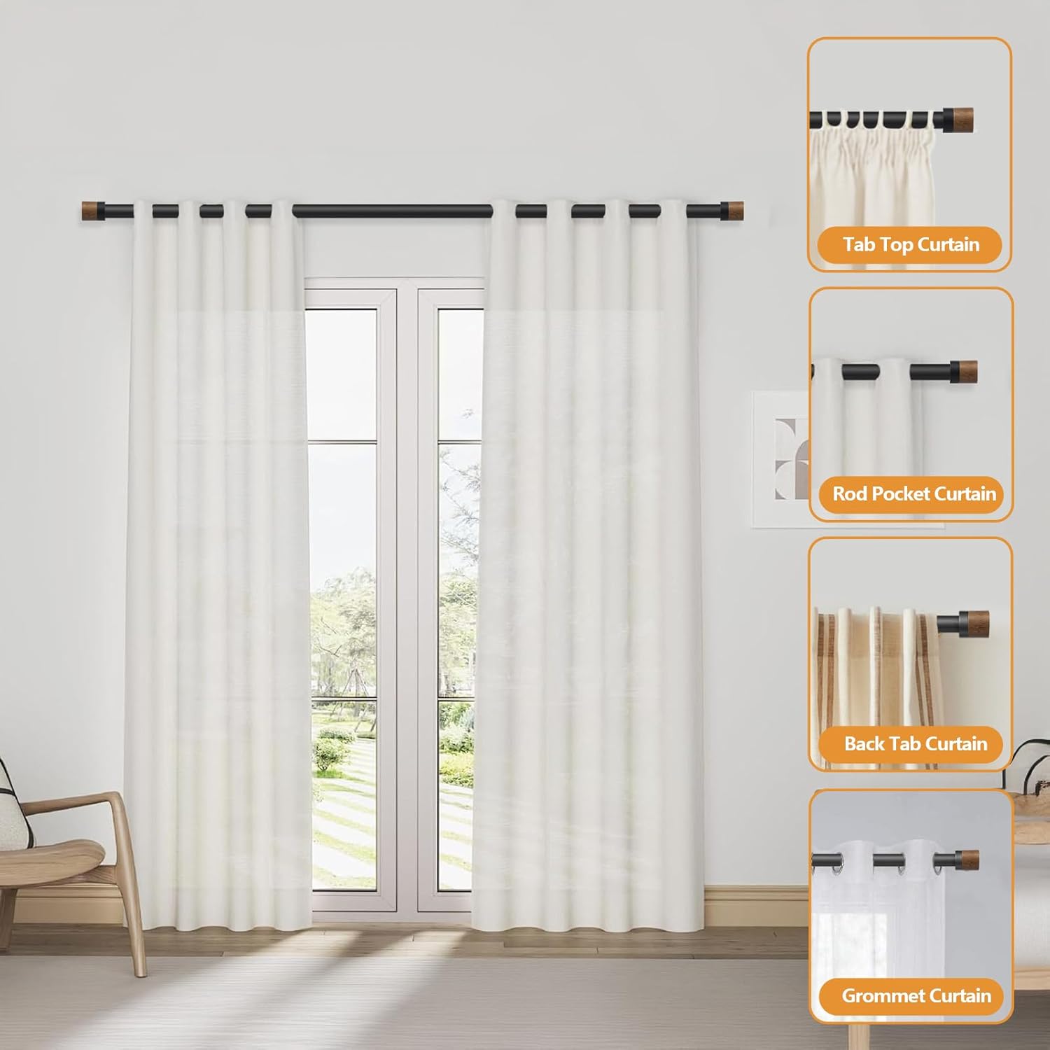 QITERI 1 Inch Adjustable Wood Curtain Rods 32-84 Inches
