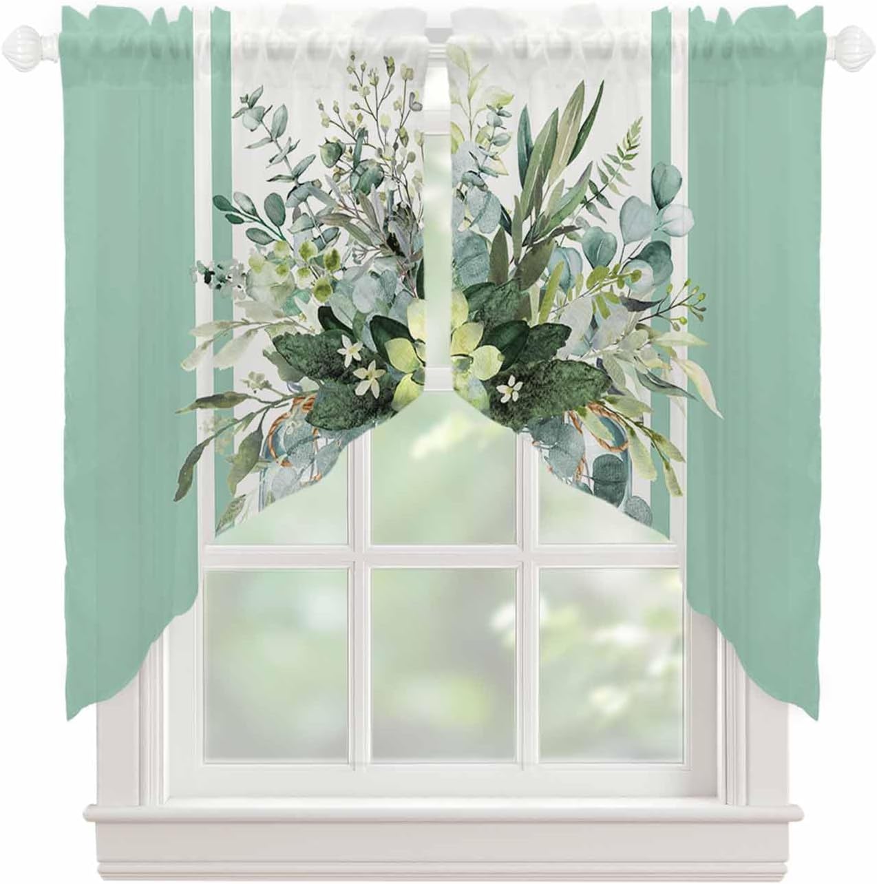 Sage Green Eucalyptus Swag Curtains 2 Panels Set 36 Inch Length