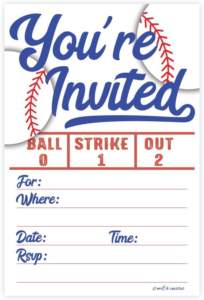 Baseball Party Invitations 20 Count With Envelopes