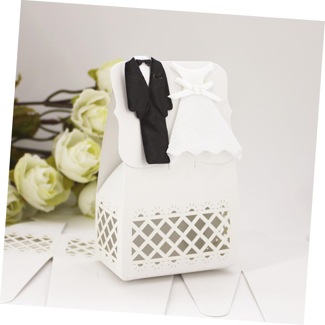 Cabilock 12pcs Hollow Wedding Favor Boxes with Bride Groom Tuxedo Dress Design