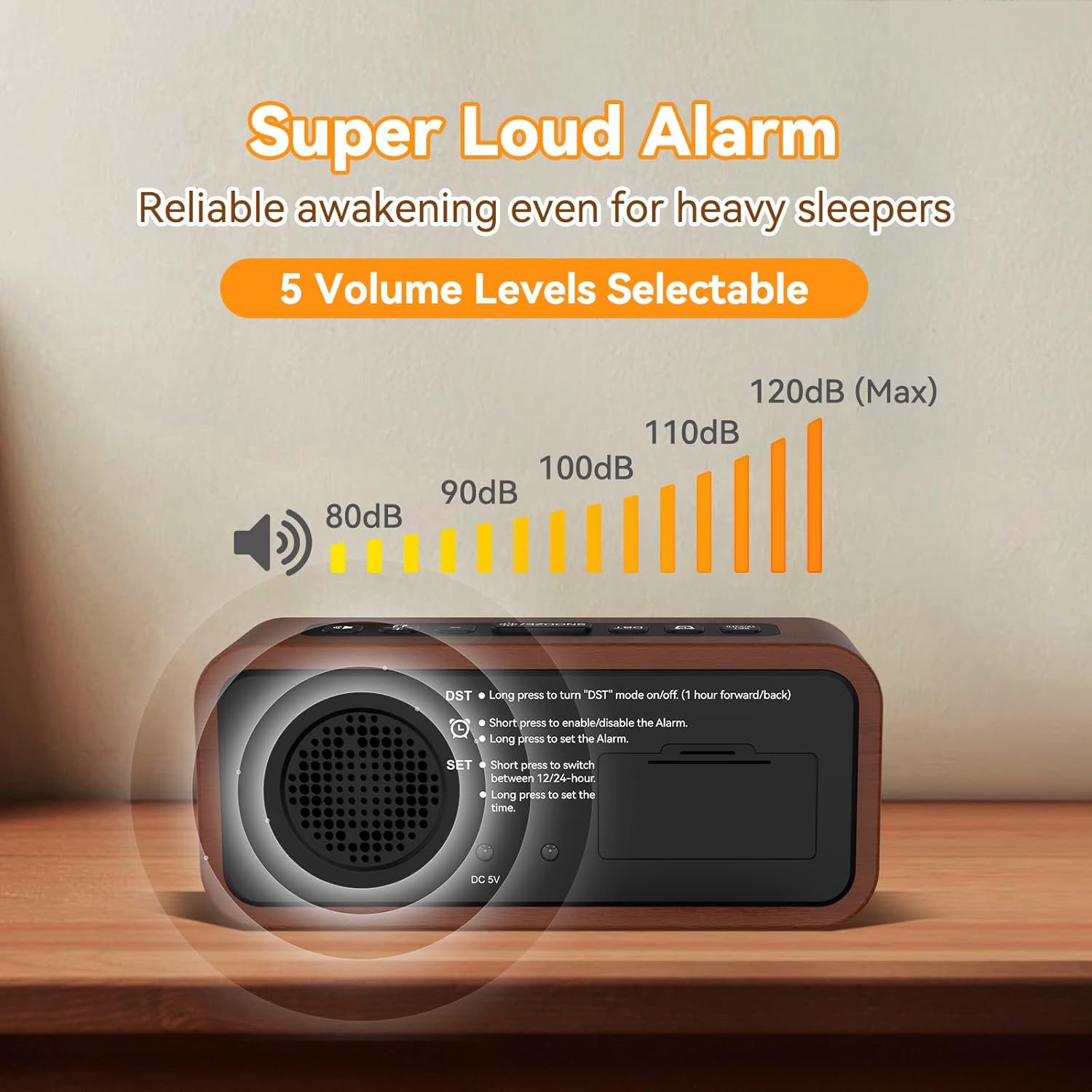 Netzu Wooden Alarm Clock with 12 Ringtones and 5 Volume Levels