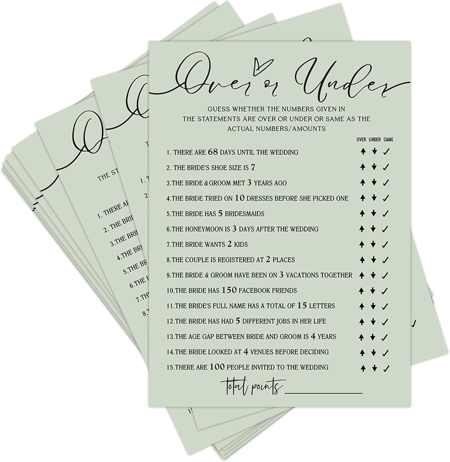 Bridal Shower Games Set of 25 Sage Green Cards