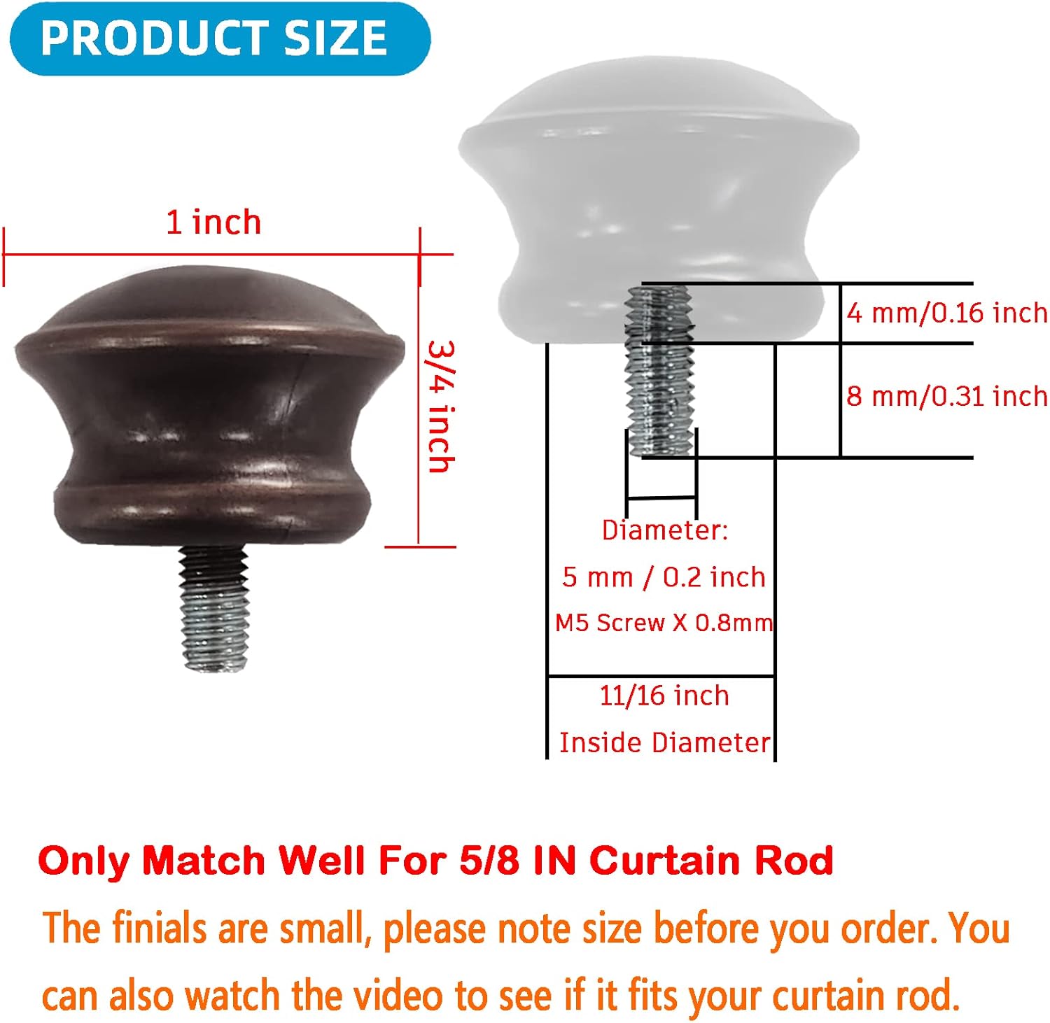 4 Pcs Plastic Curtain Rod Finials with M5 Thread