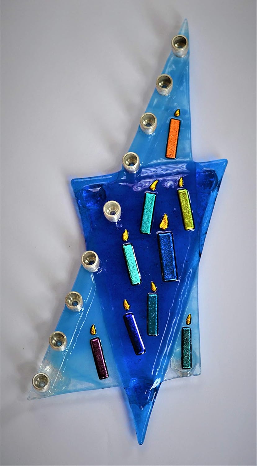 Blue Star of David Glass Menorah by Yafitglass 1