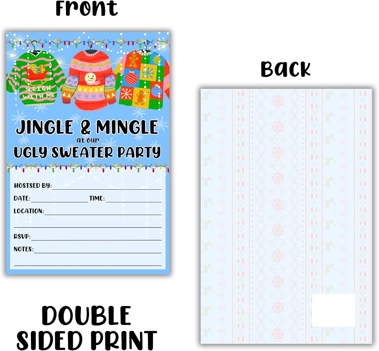 Lashicorn Ugly Christmas Sweater Party Invites 30-Pack 4x6 Blue