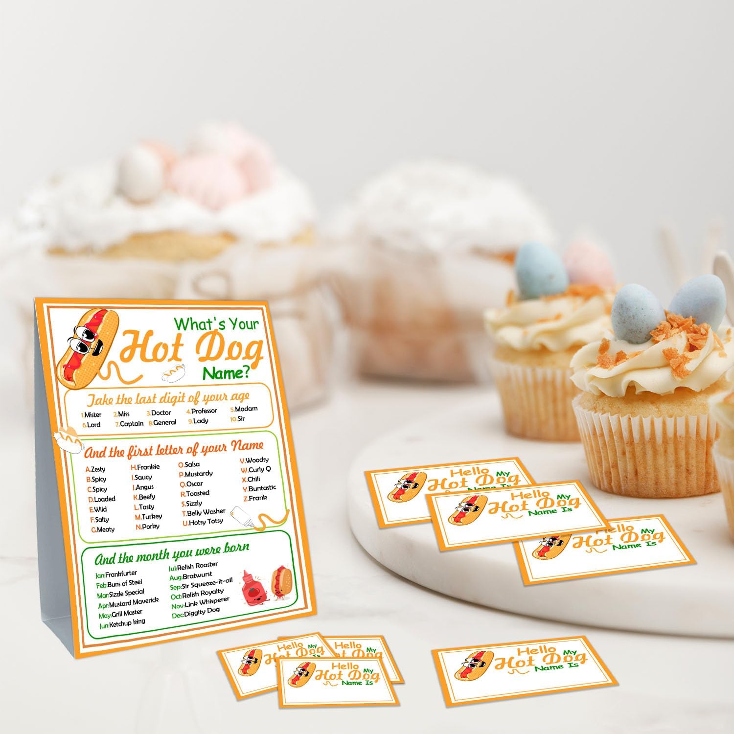 Funny Hot Dog Name Game Cards Set for Birthday Parties