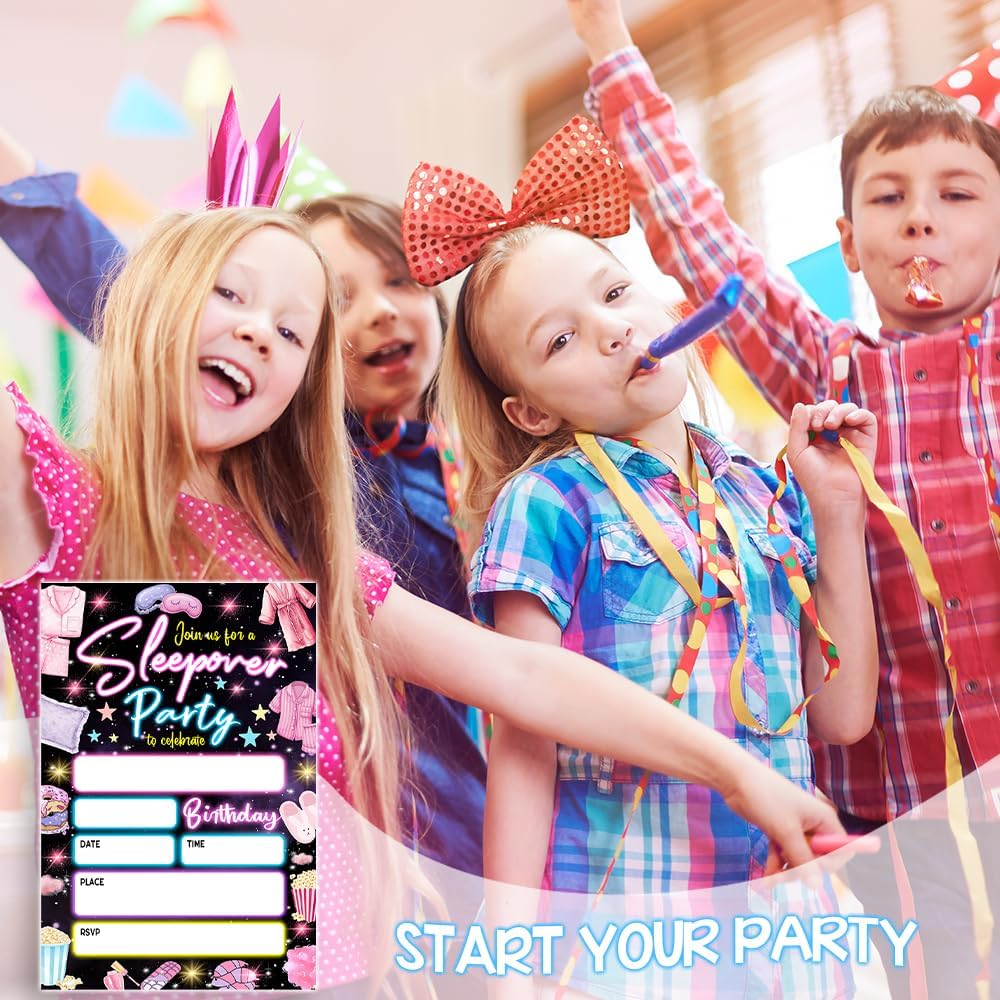 Neon Themed Sleepover Party Invitations with Envelopes