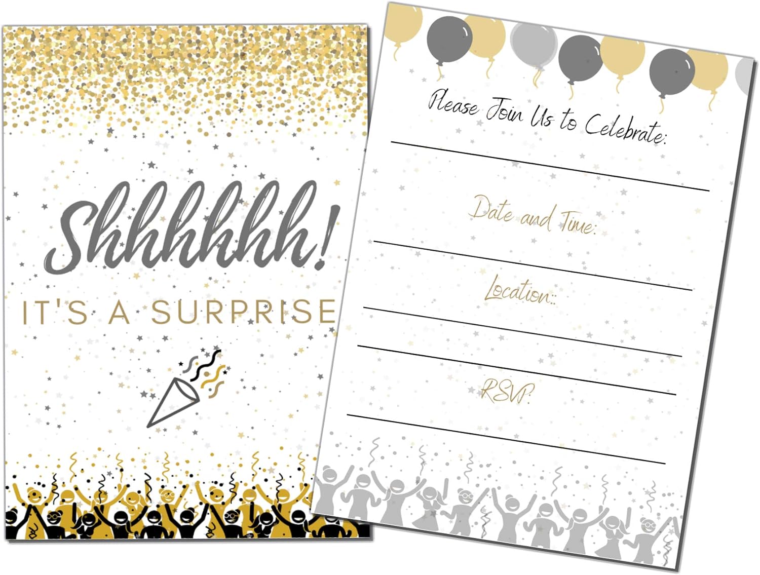 Elcer Surprise Party Invitations Black Gold 20 Count