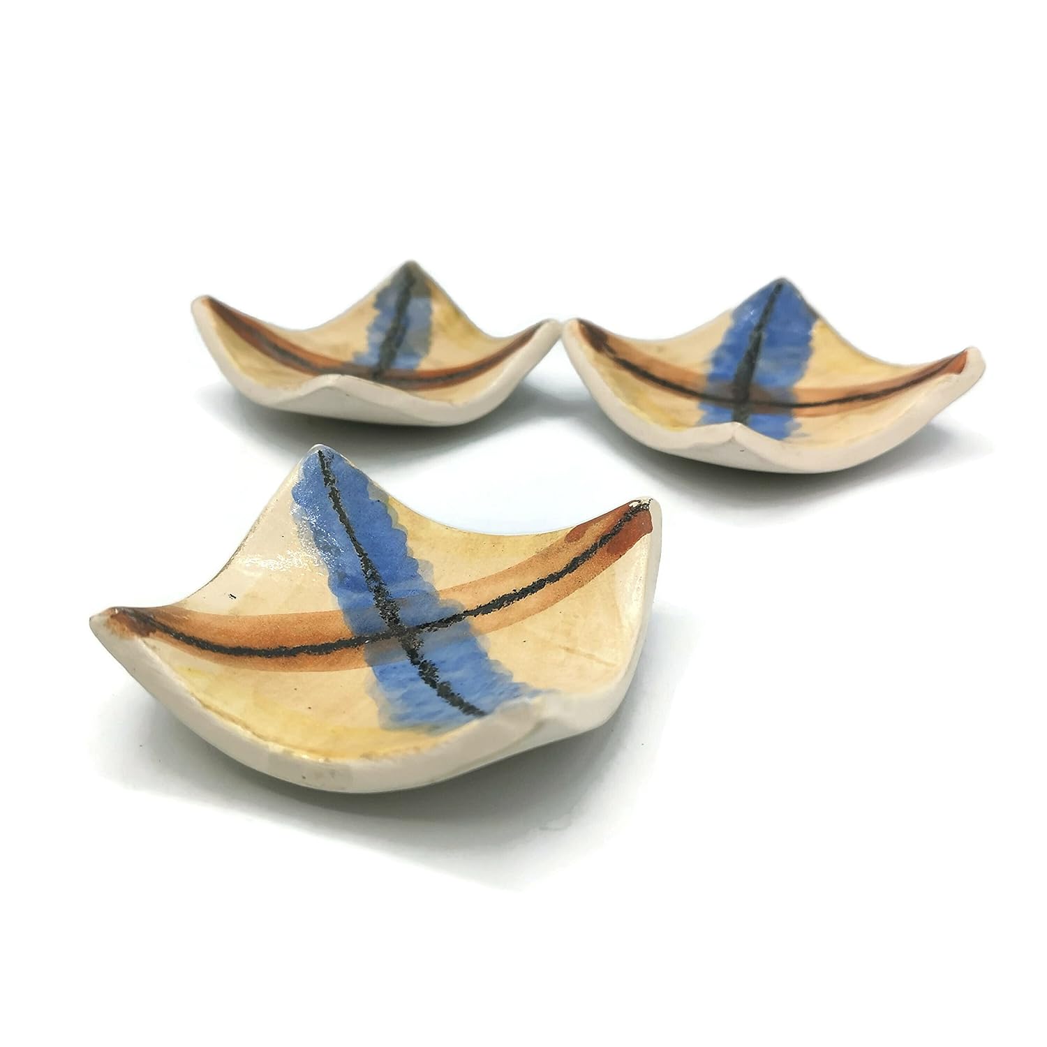 Set of 3 Small Square Hand Painted Ceramic Candle Holders