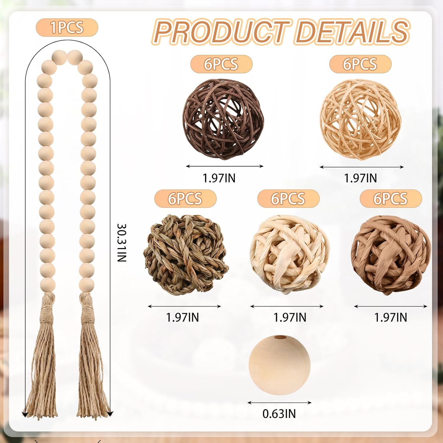 31 Pcs Wicker Rattan Decorative Balls with Wood Bead Garland
