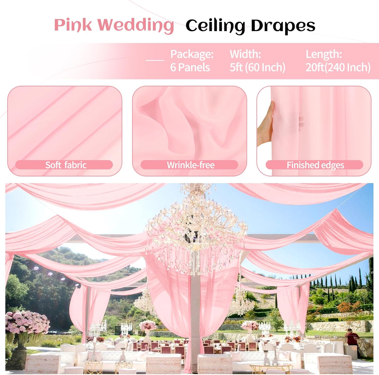 6 Panels Pink Ceiling Drapes for Wedding Decor