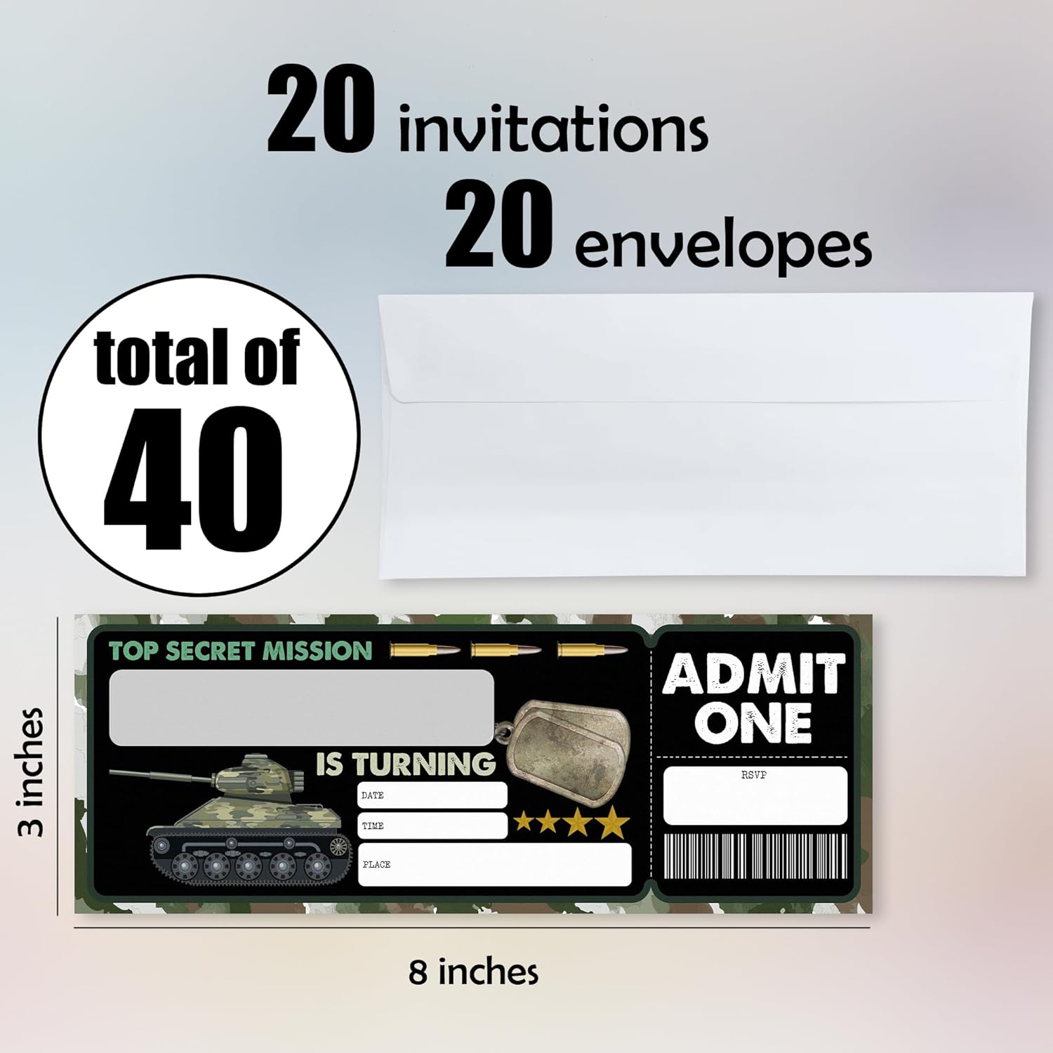 Camo Birthday Invitations 20 Pcs with Envelopes