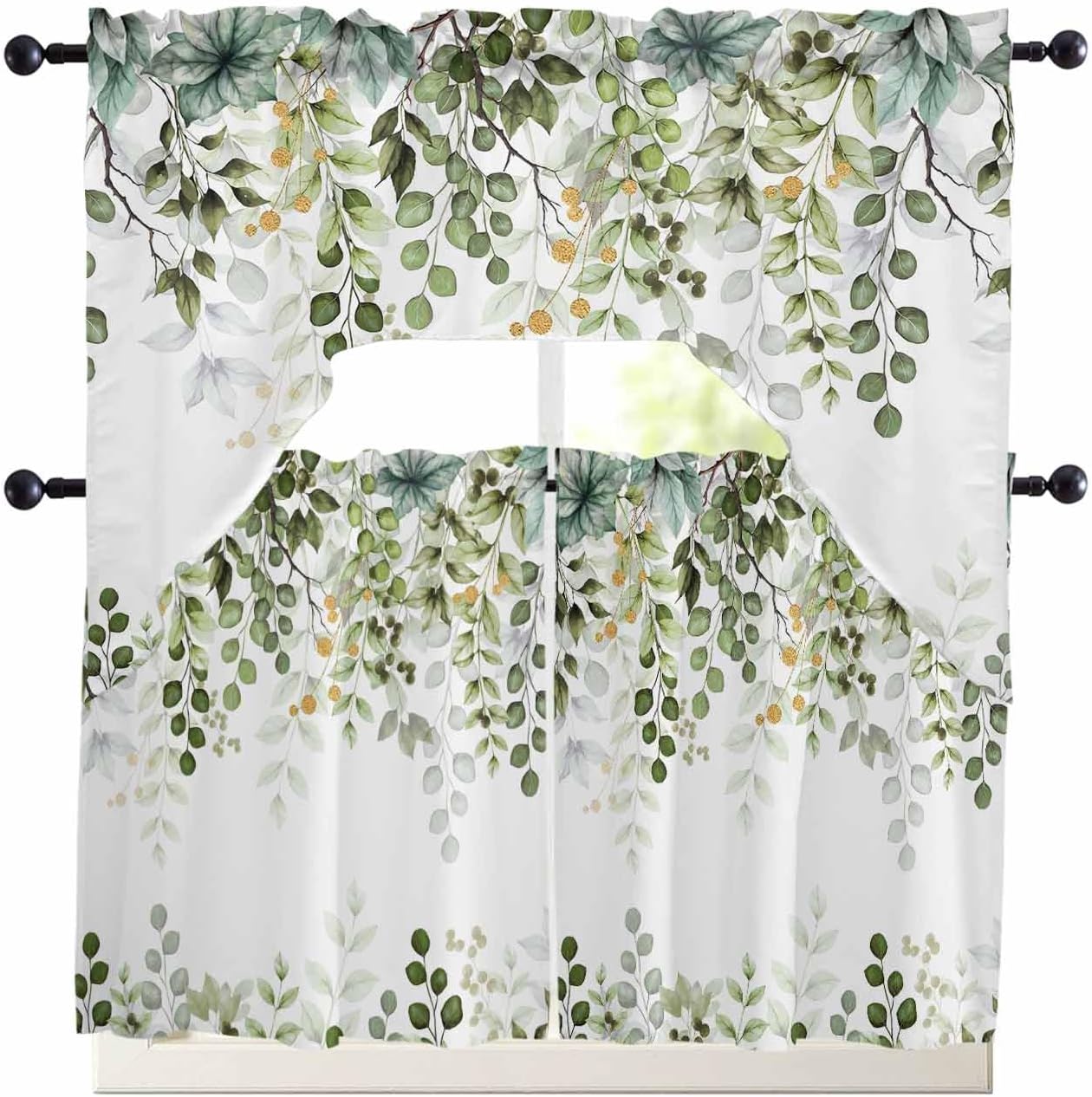 Sage Green Eucalyptus Leaf Curtain Set with Swag Valance and Tiers