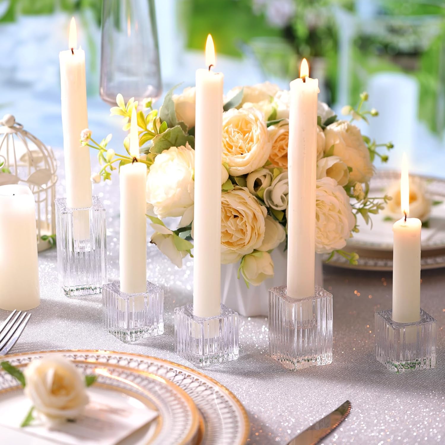 LETINE 12pcs Vertical Stripe Glass Candlestick Holders
