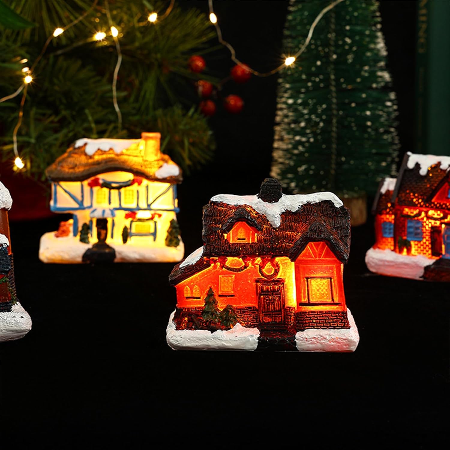Keebgyy 4 Pack Light-Up Christmas Village Houses