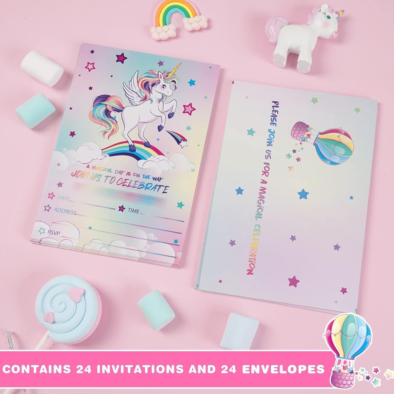 WERNNSAI 24PCS Unicorn Birthday Invites with Envelopes