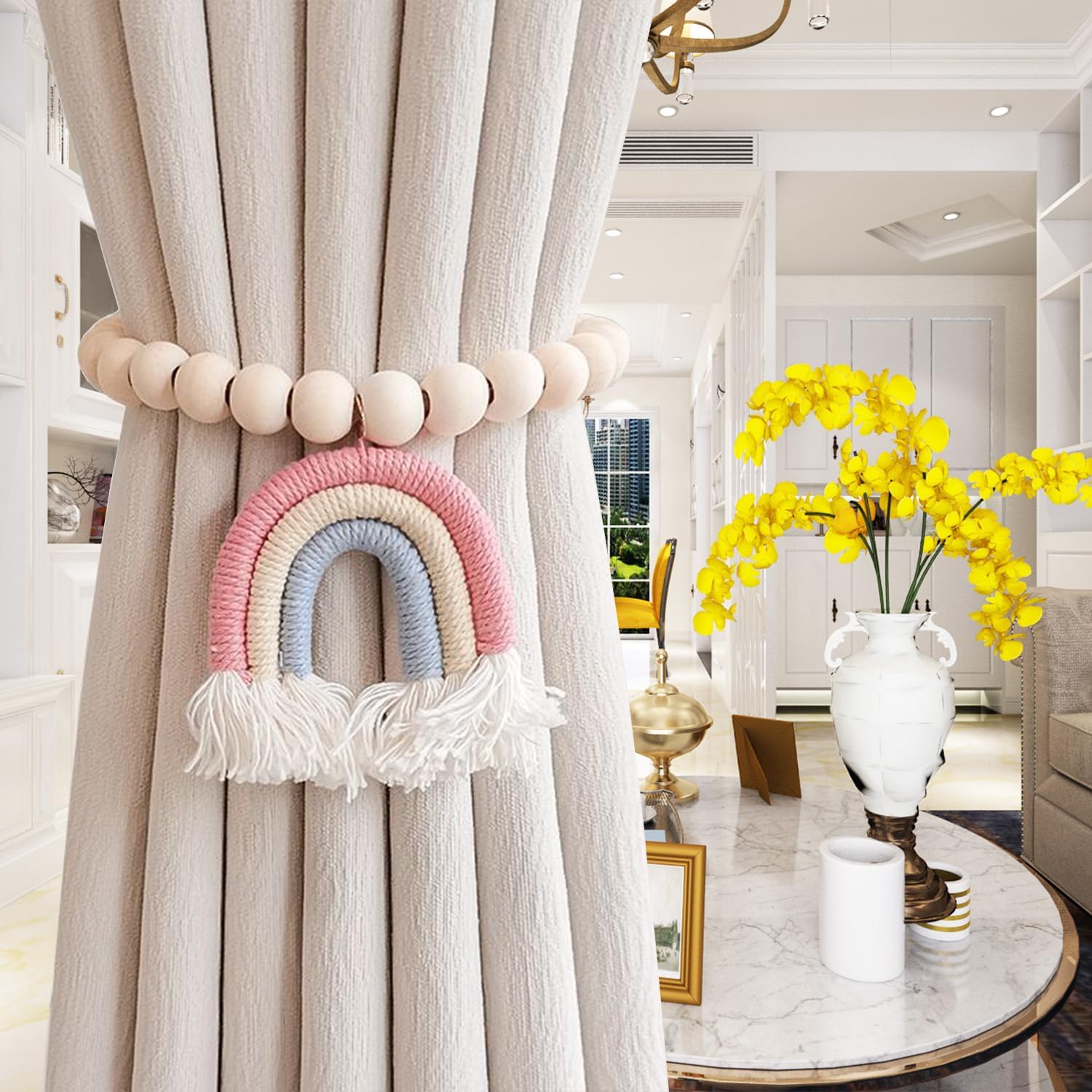 2 Pieces Wooden Beaded Curtain Tiebacks with Tassels