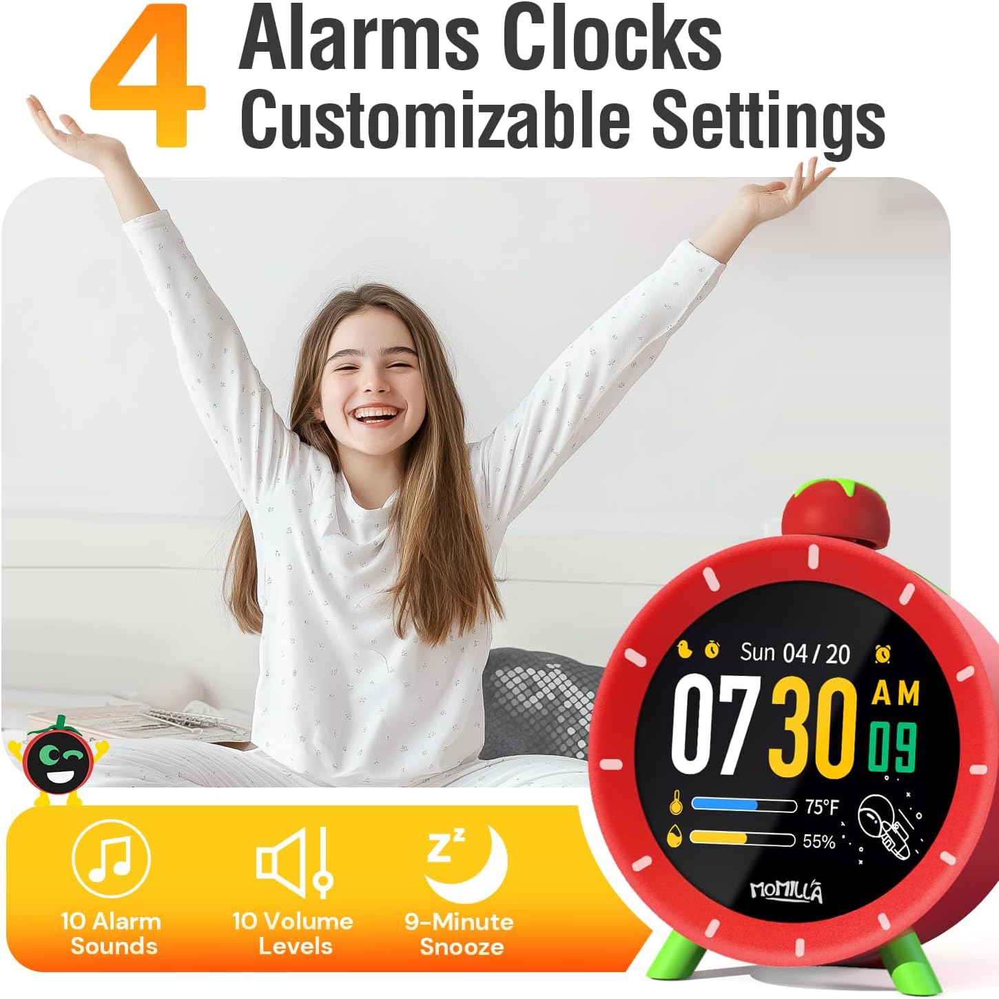 MOMILLA 4 Alarm Clock with Colorful LCD Display