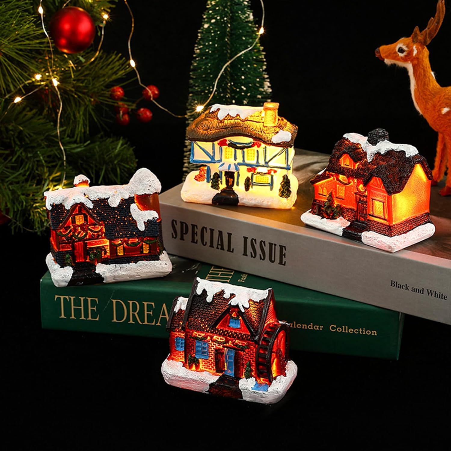 Keebgyy 4 Pack Light-Up Christmas Village Houses