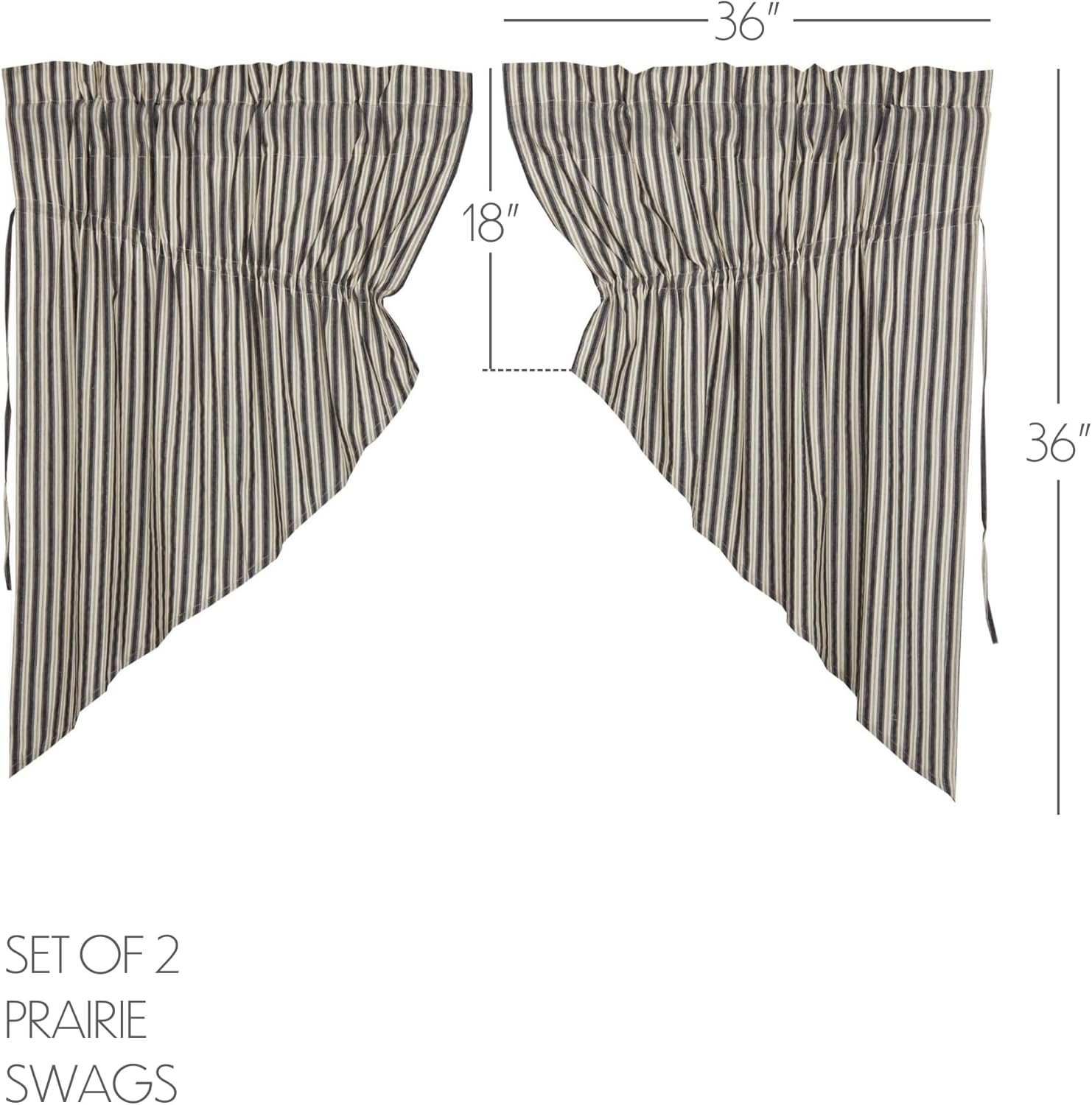 VHC Brands Ashmont Grey Ticking Stripe Farmhouse Prairie Swag Curtain Set