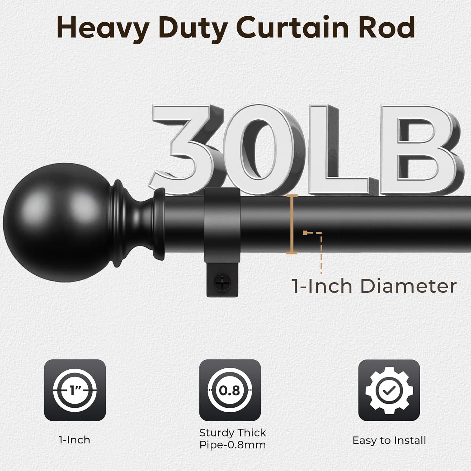 Zeerobee 1 Inch Heavy Duty Black Curtain Rods 66-120