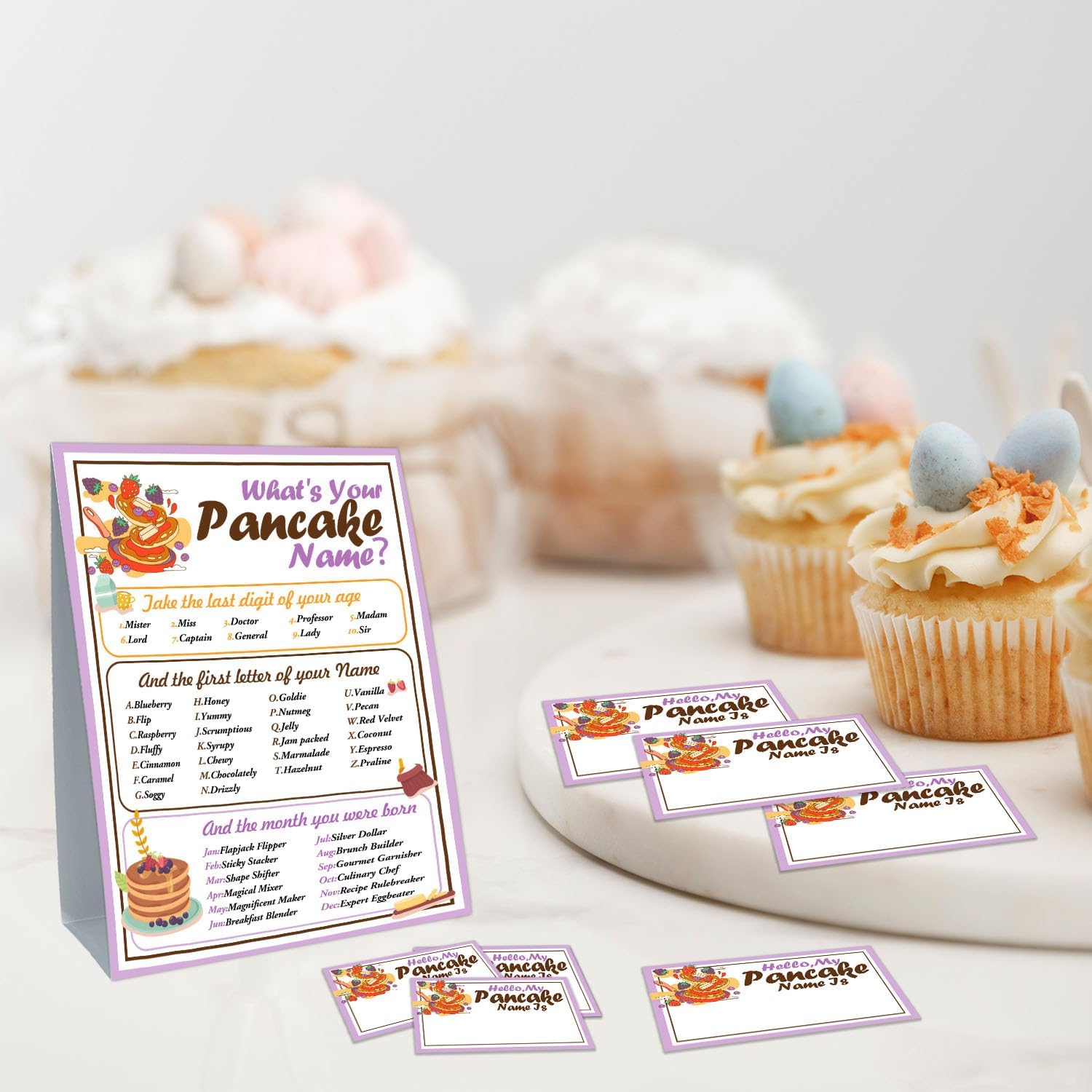 Funny Pancake Theme Game Cards Set - 30 Name Stickers Sign