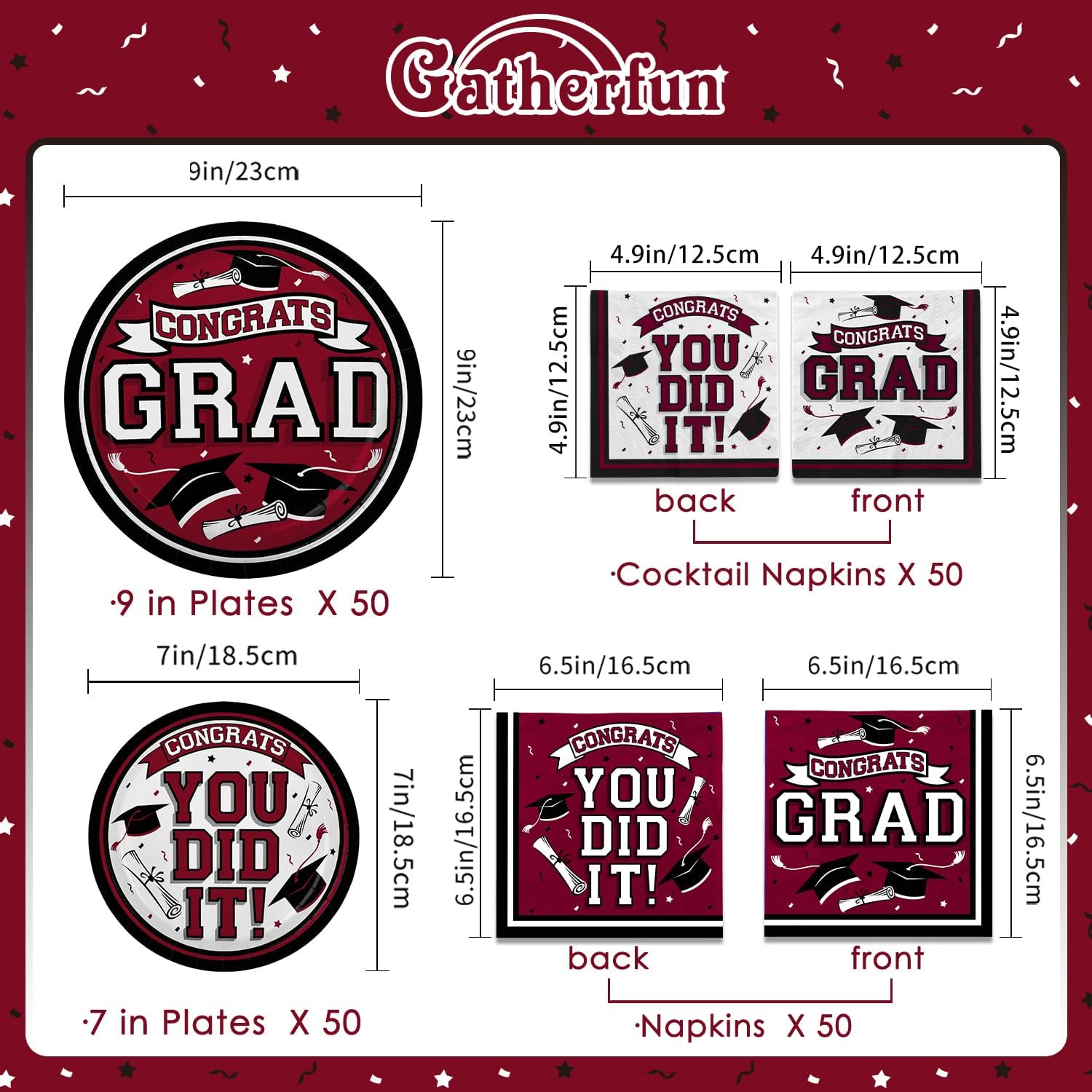 Gatherfun Graduation Party Dinnerware Set Maroon 50 Plates Napkins