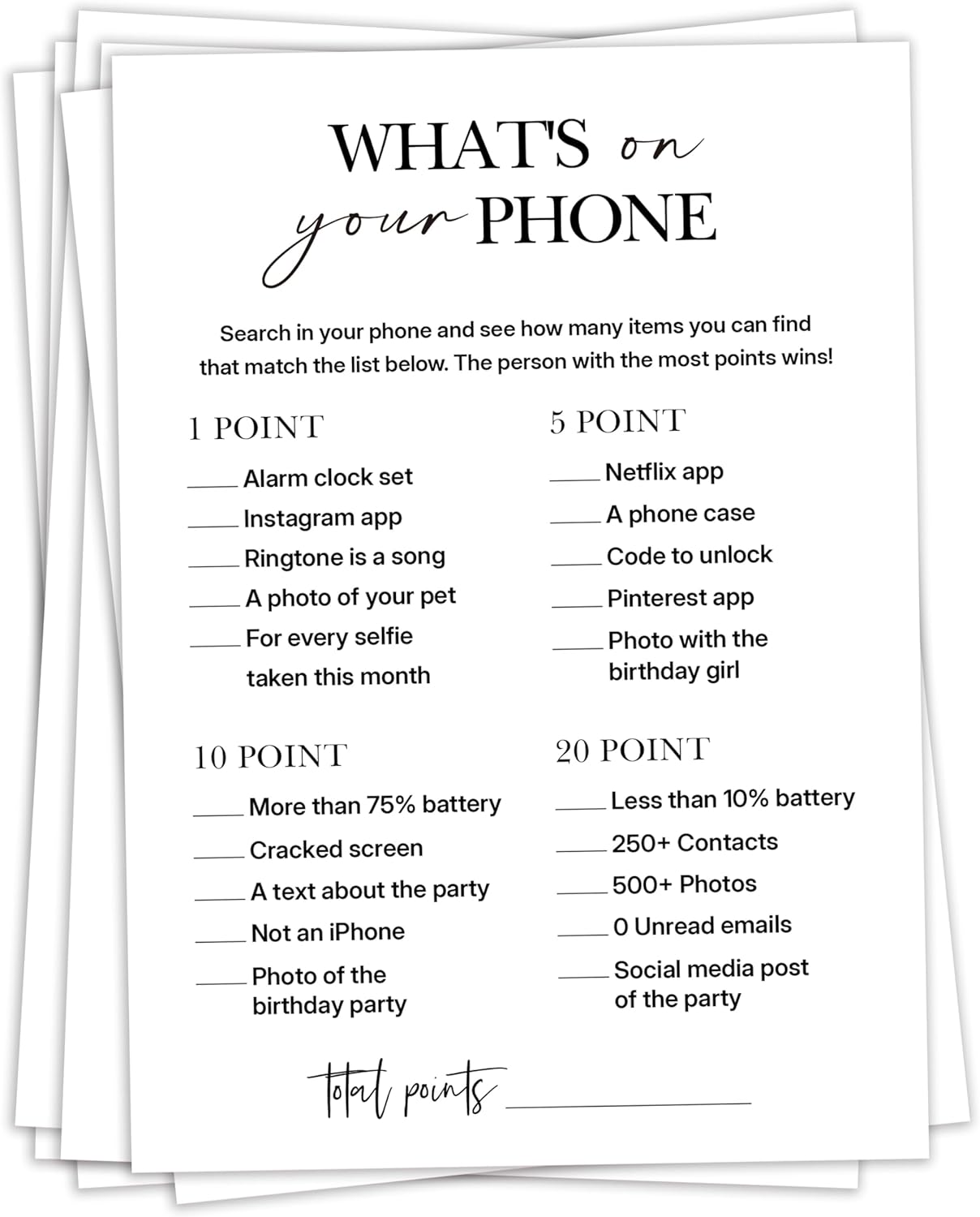 Birthday Party Games Whats on Your Phone 25 Pcs Card Set