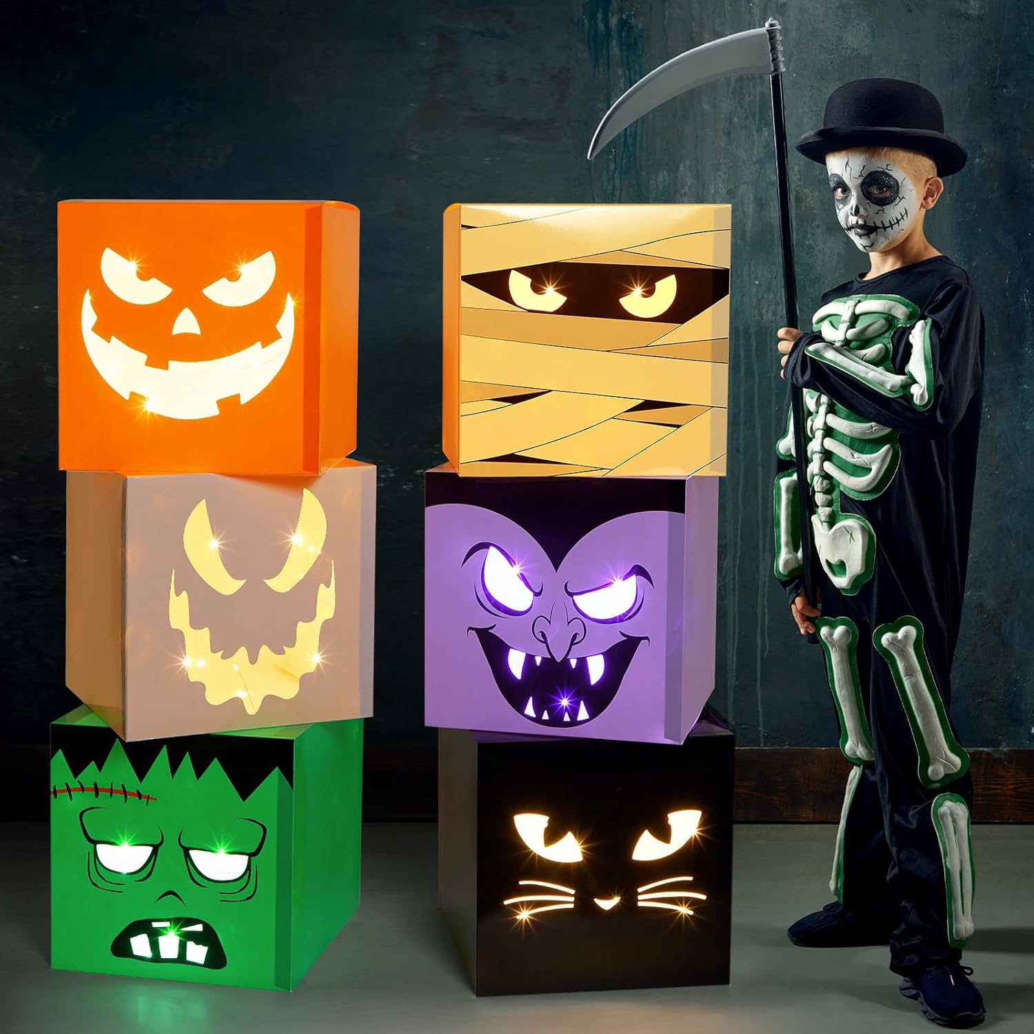Zhanmai 6 Pcs Halloween Decorative Boxes with LED String Lights
