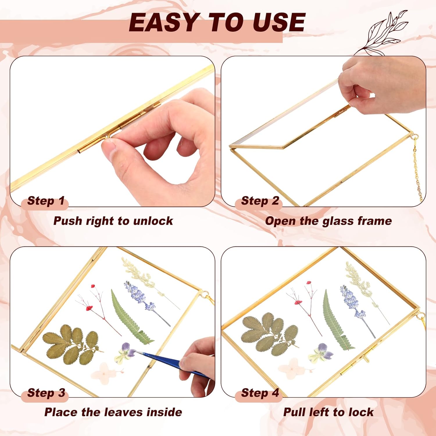 Barydat 12 Pack Pressed Flowers Glass Frames Gold Brass Hanging Display