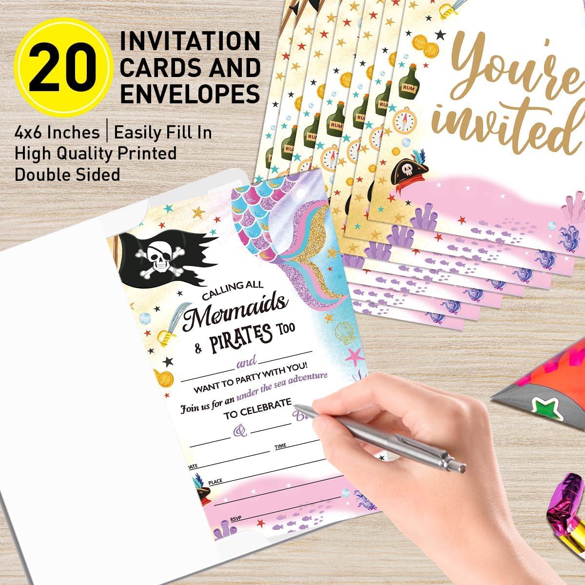 Mermaid and Pirate Birthday Invitations Set of 20 4x6 with Envelopes