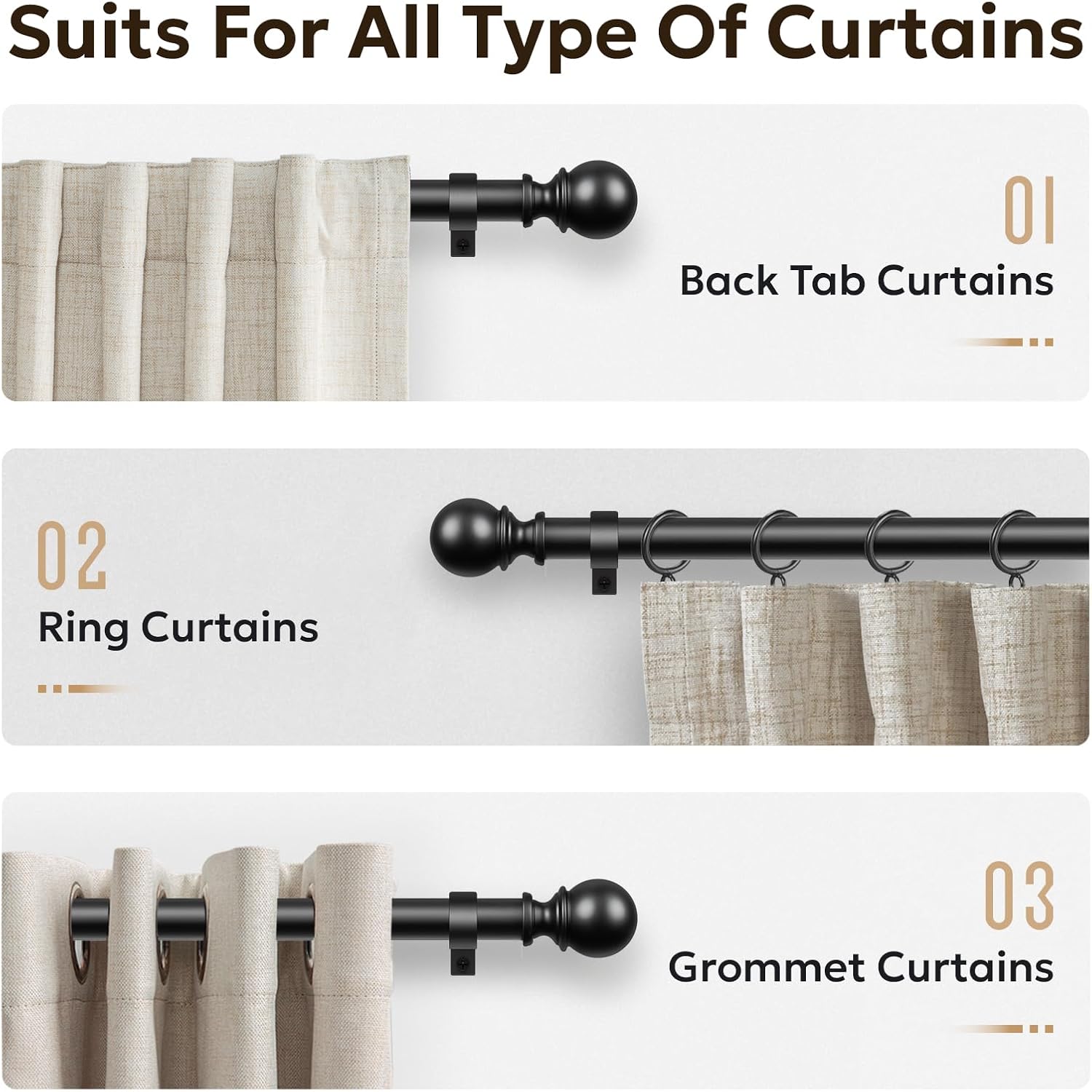 Zeerobee 1 Inch Heavy Duty Black Curtain Rods 66-120