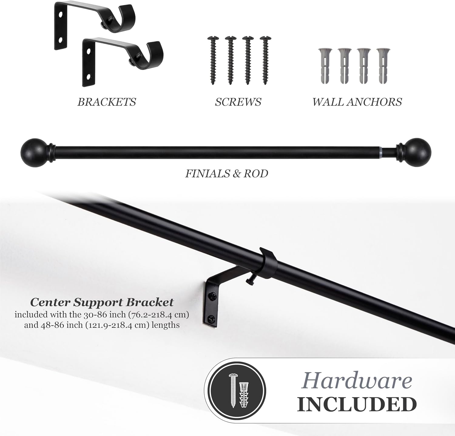 Kenney Chelsea Ball End Window Curtain Rod Black 48-86 Inch Adjustable