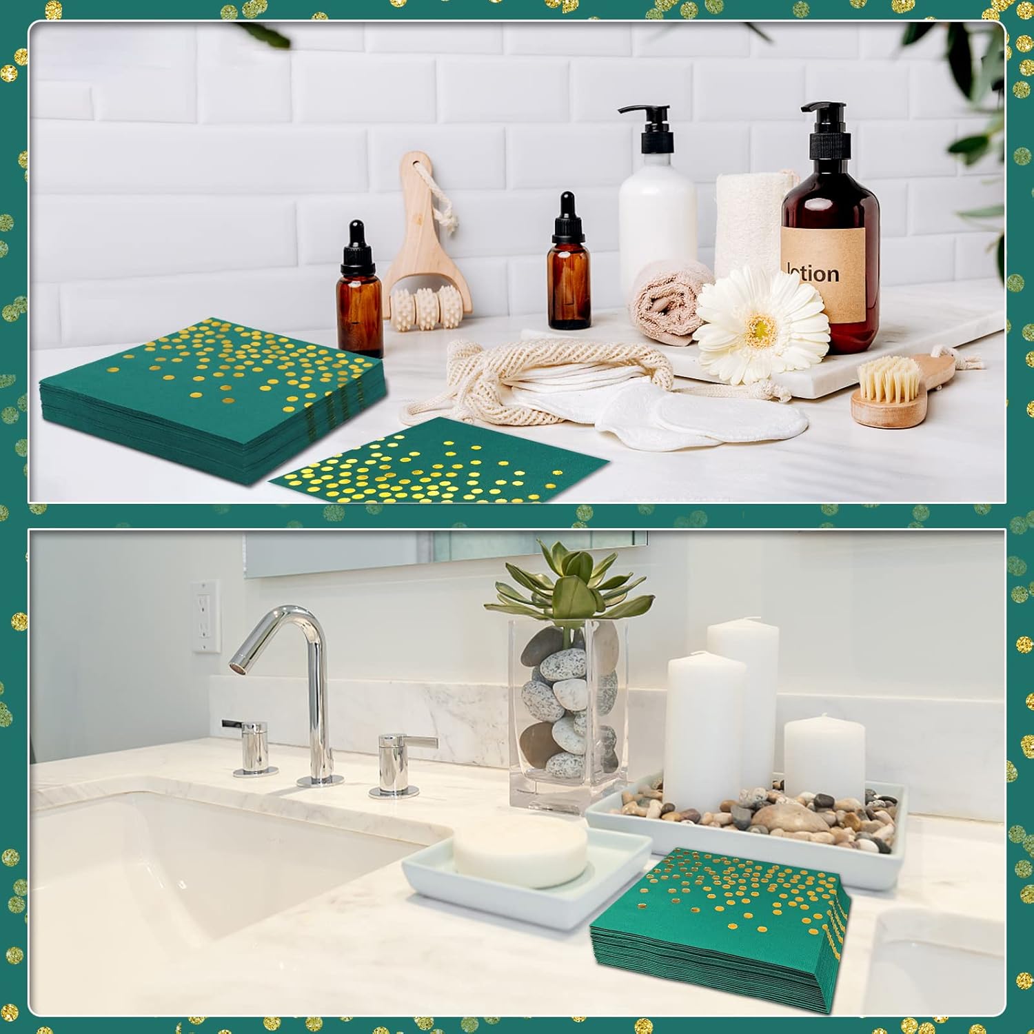 100 Pack Green and Gold Cocktail Napkins for Parties