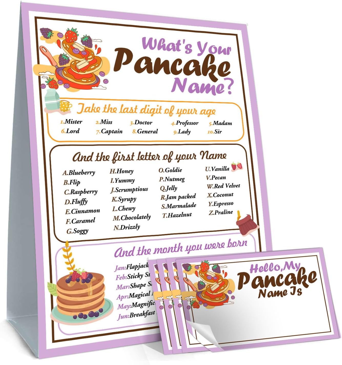 Funny Pancake Theme Game Cards Set - 30 Name Stickers Sign