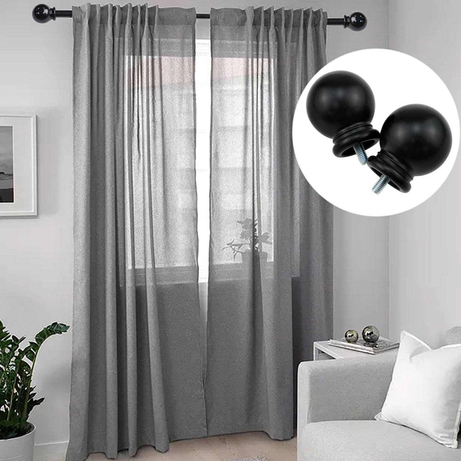 Black Plastic Curtain Rod Finial 2PCS