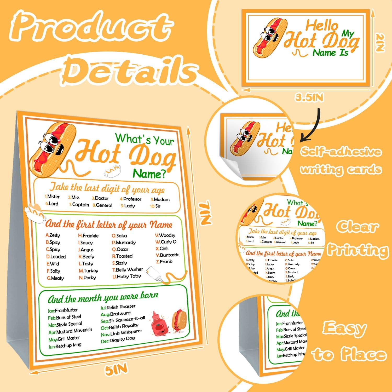 Funny Hot Dog Name Game Cards Set for Birthday Parties