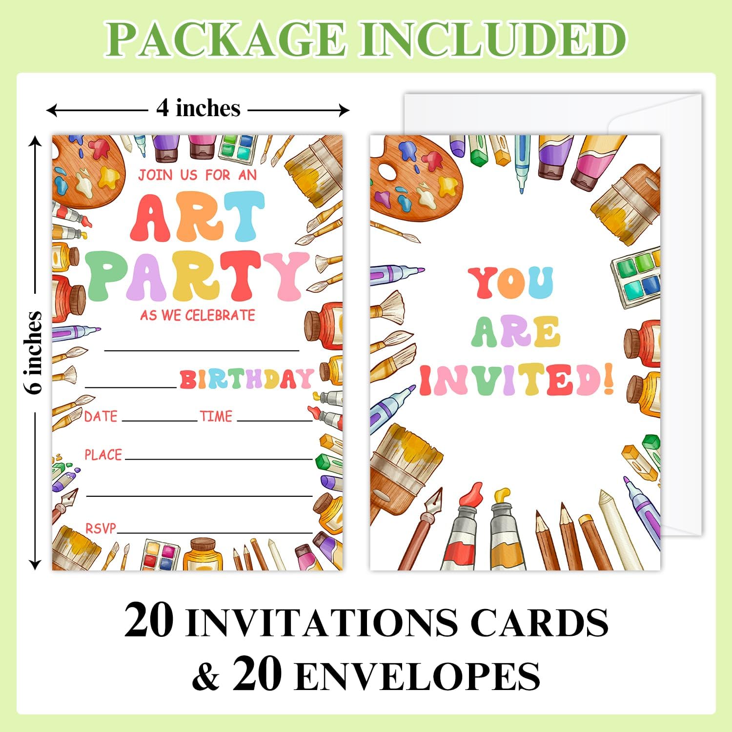 Art Party Invitations with Envelopes for 20 Guests