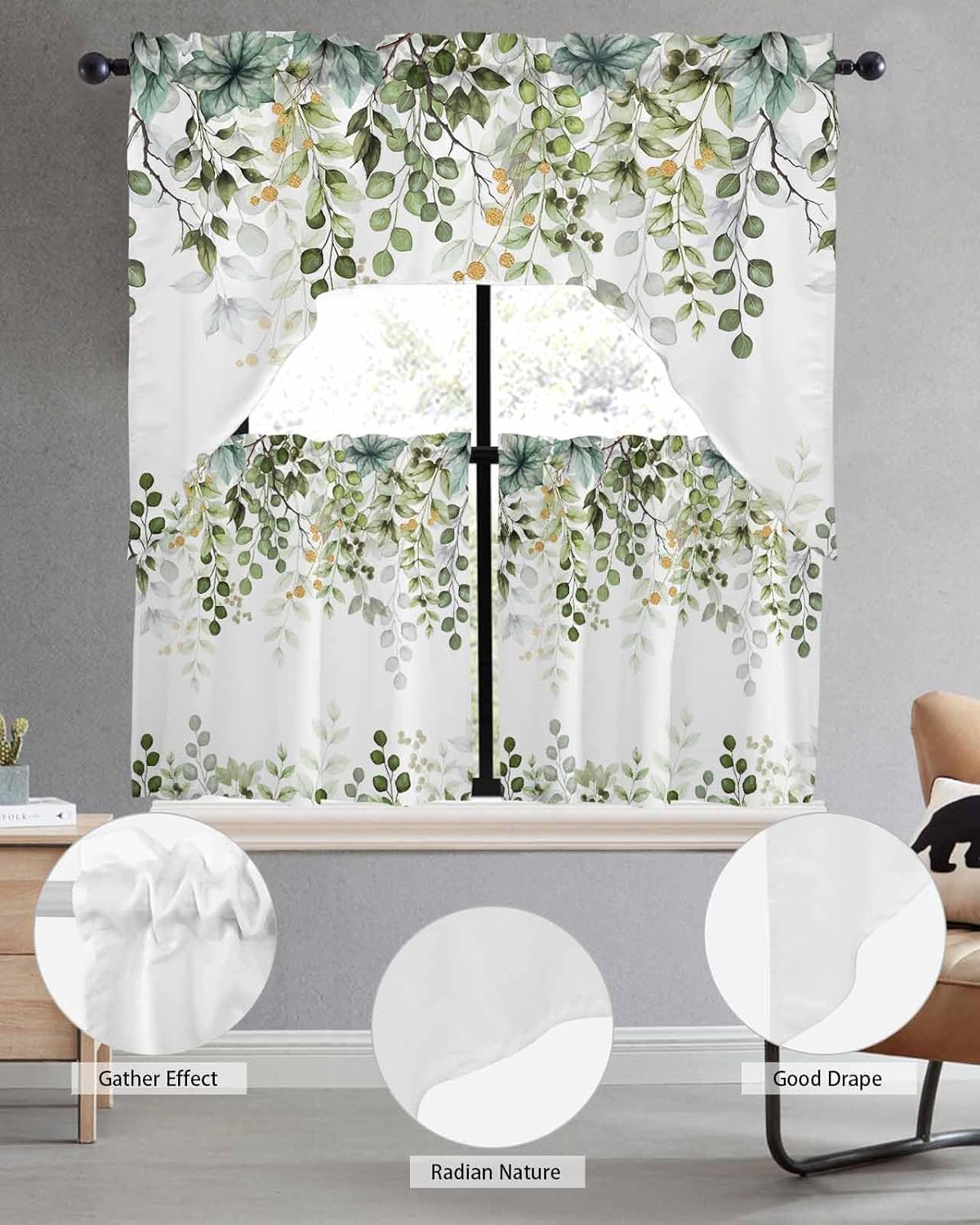 Sage Green Eucalyptus Leaf Curtain Set with Swag Valance and Tiers