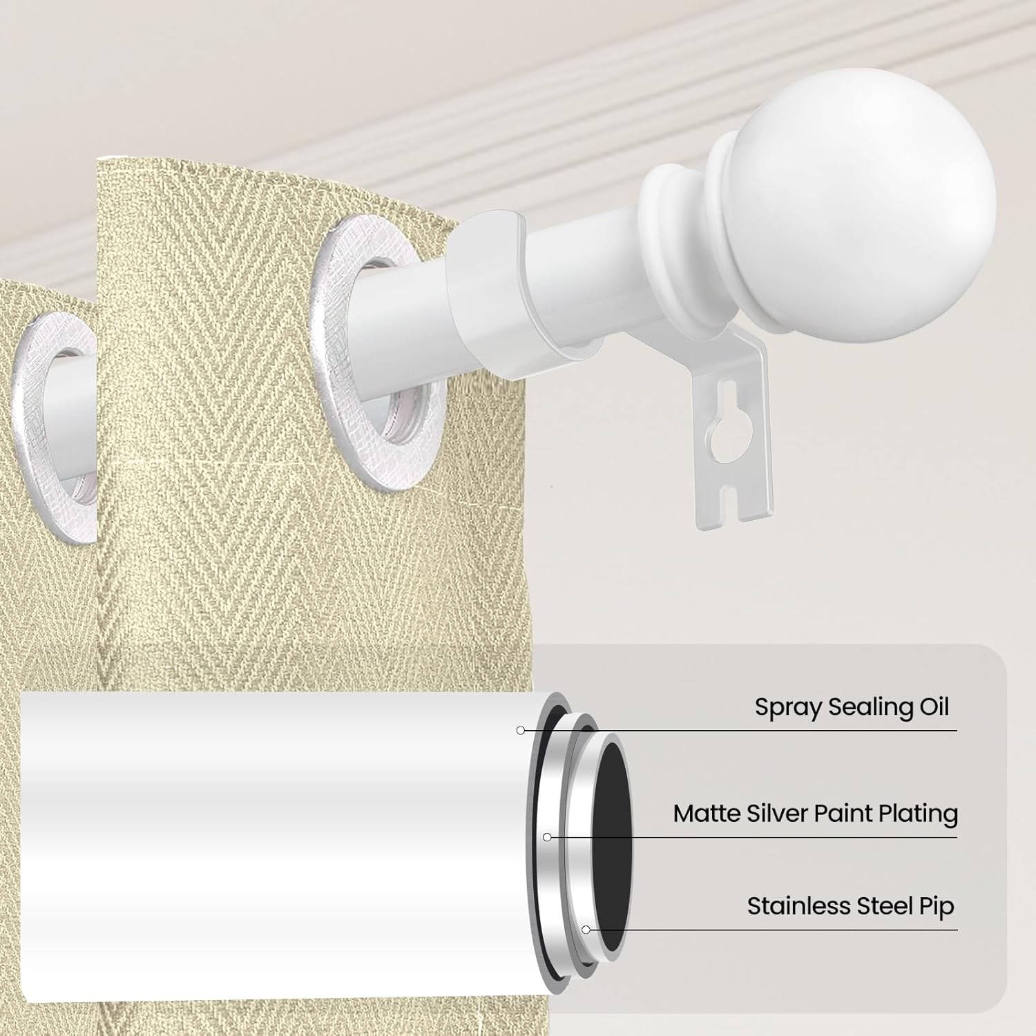 Poskena 58 Stainless Steel Adjustable White Curtain Rods 28-48 Inch