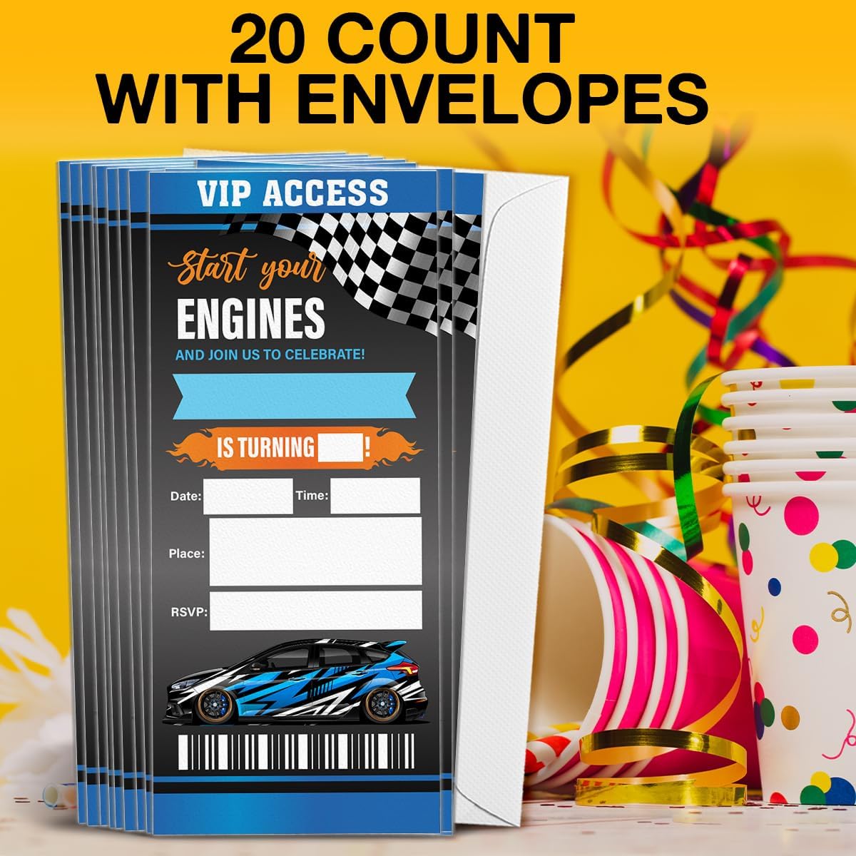 Race Car Birthday Invitations Set of 20 with Envelopes