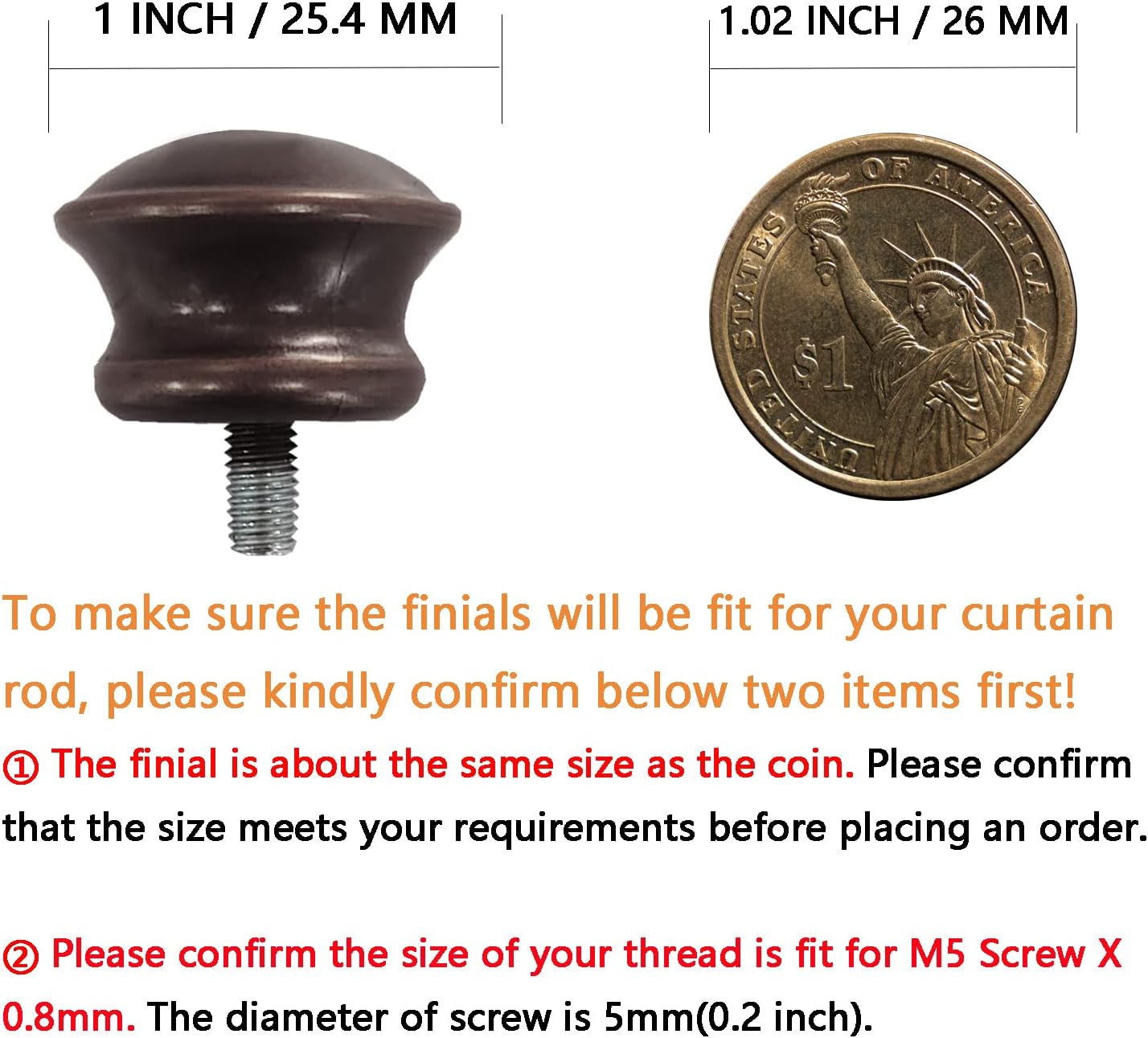 4 Pcs Plastic Curtain Rod Finials with M5 Thread