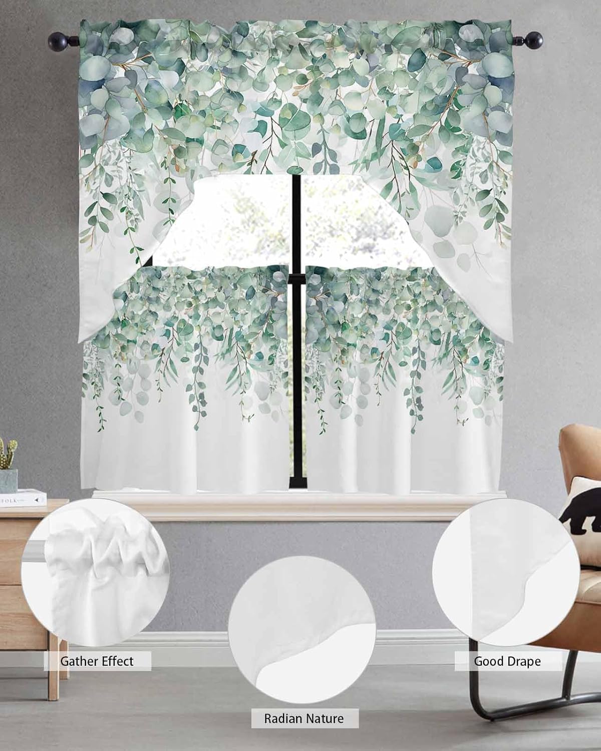 Sage Green Eucalyptus Leaf Curtain Set with Valance and Tiers