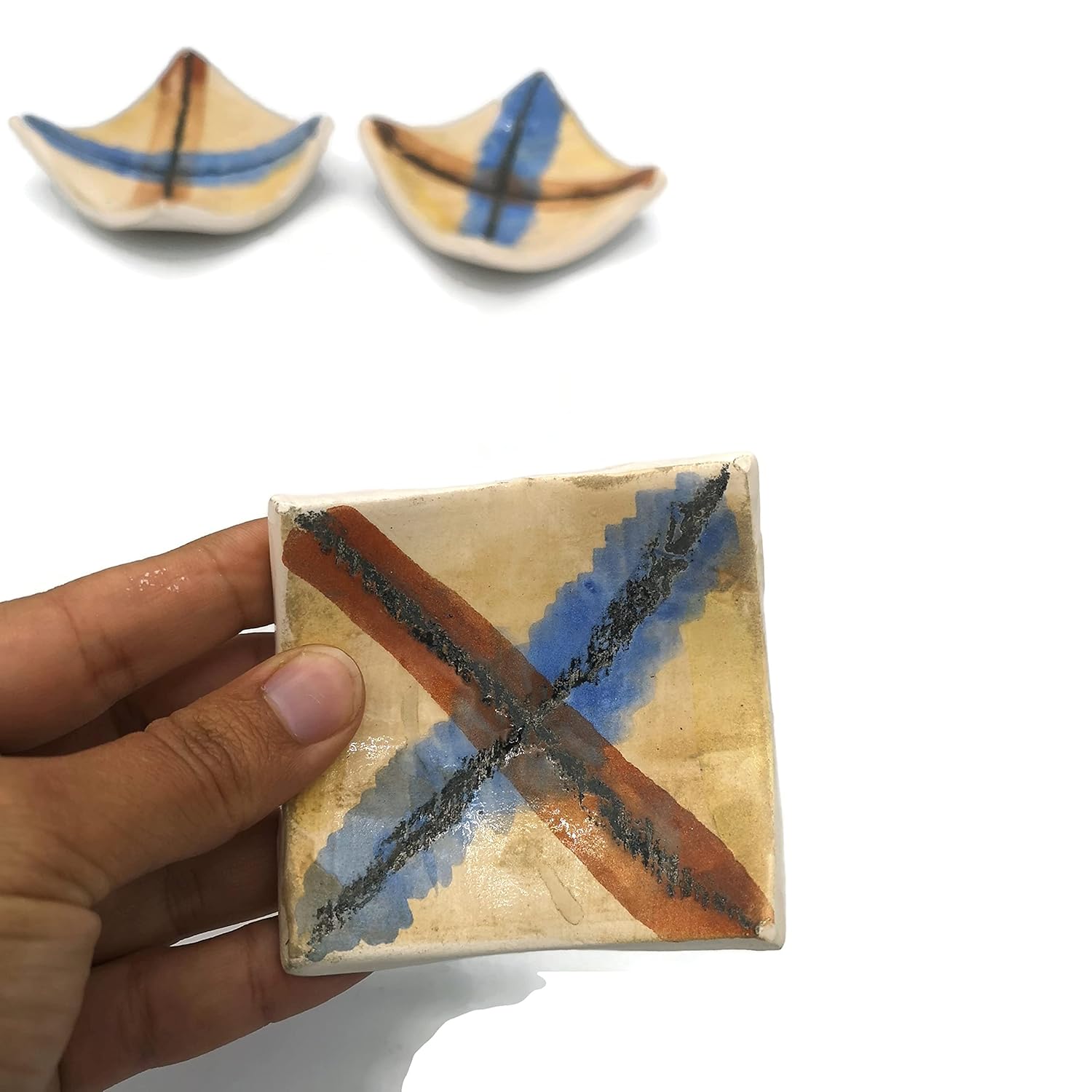 Set of 3 Small Square Hand Painted Ceramic Candle Holders
