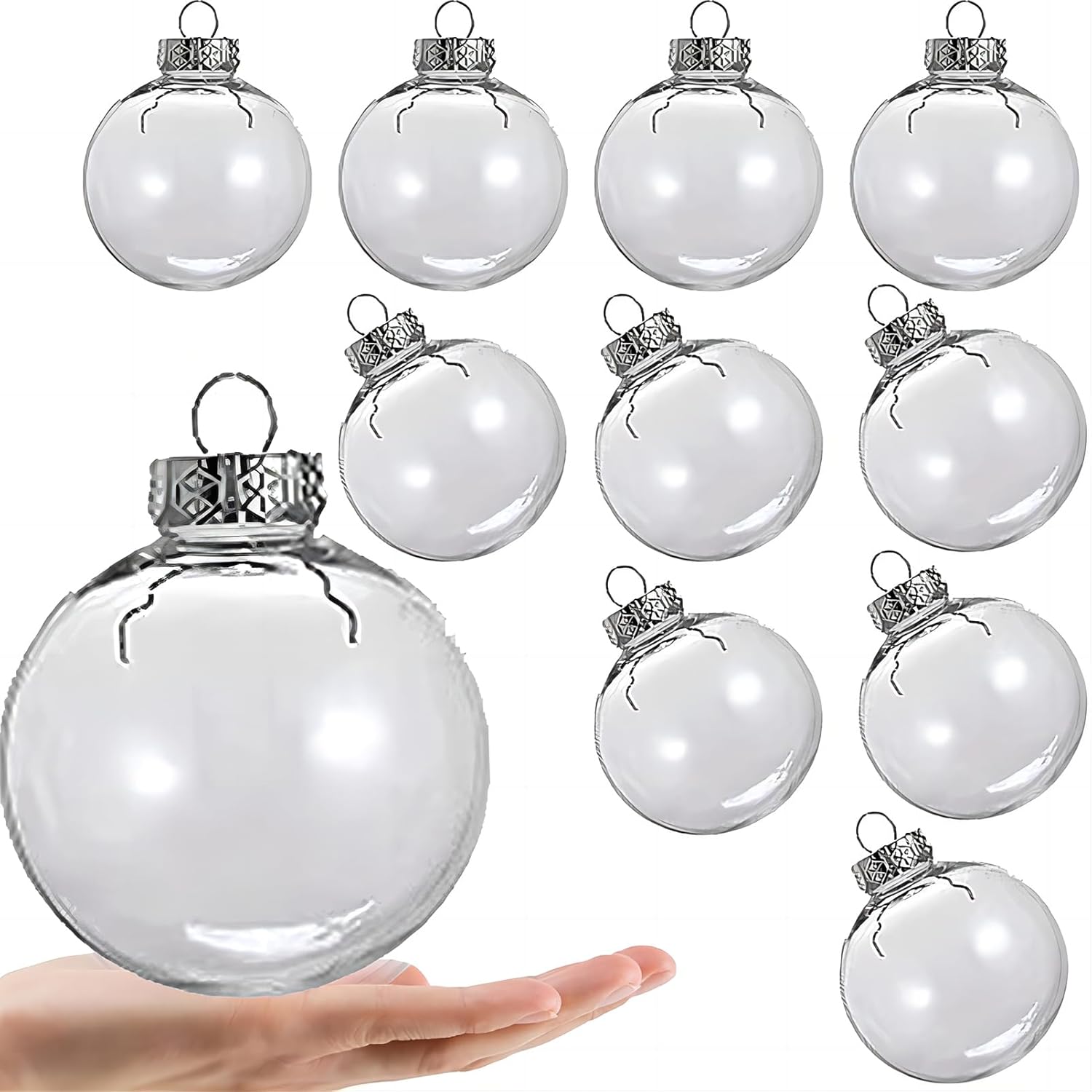 10 Pack Clear Plastic Decorative Balls with Silver Rope
