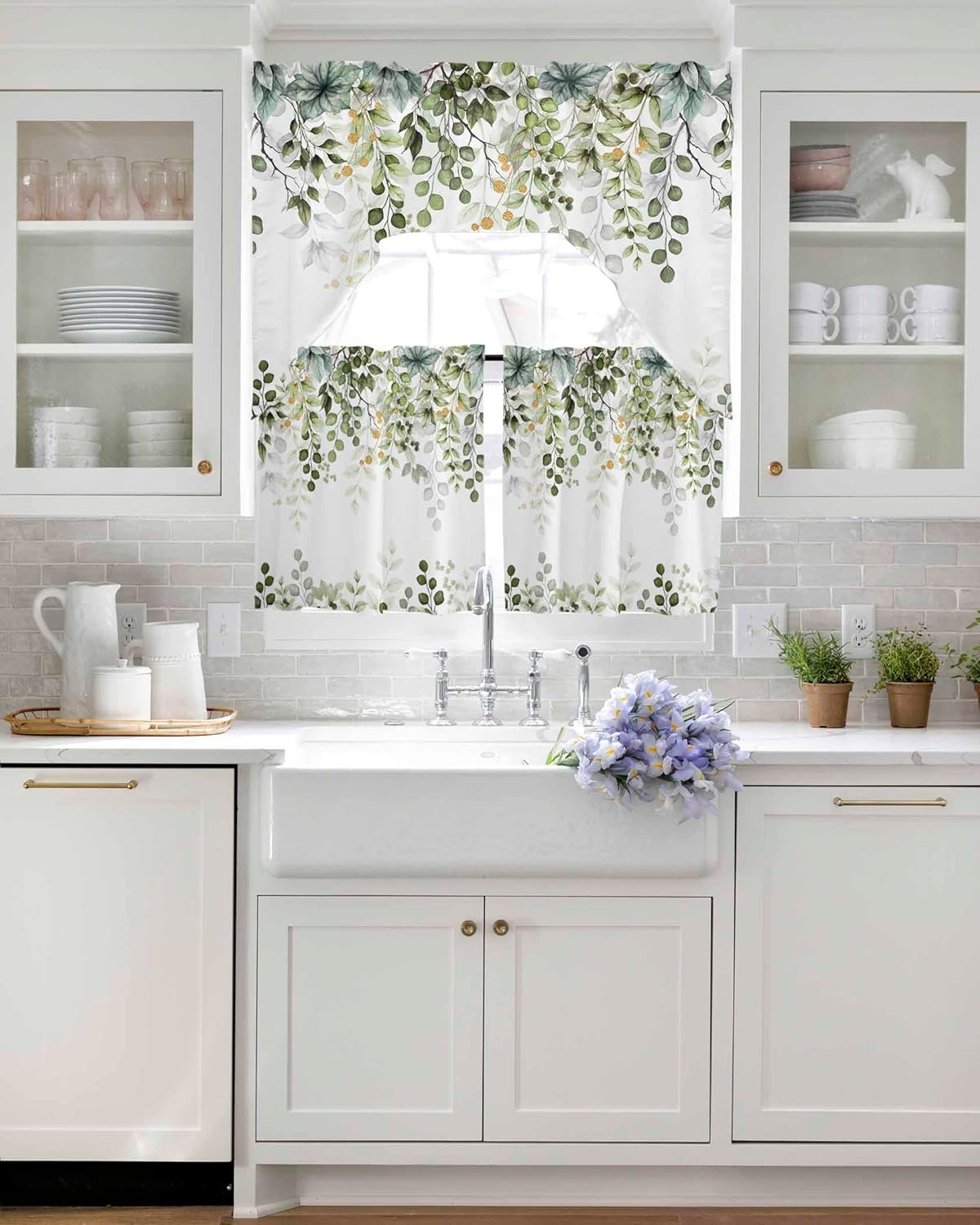Sage Green Eucalyptus Leaf Curtain Set with Swag Valance and Tiers